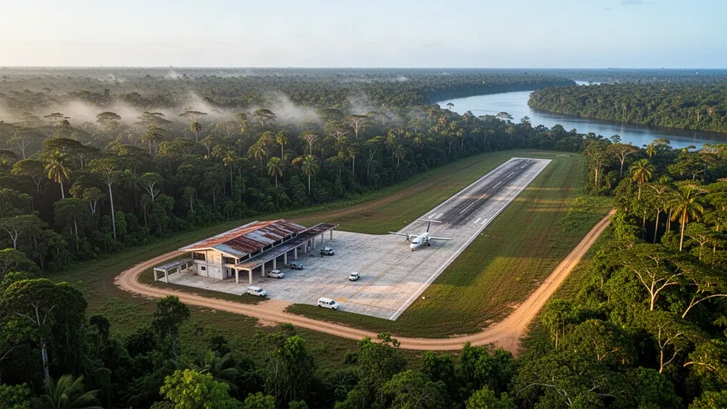 Kleine regionale Landebahn und Terminal am Flughafen Maripasoula in Französisch-Guayana, umgeben von dichtem Amazonas-Regenwald.