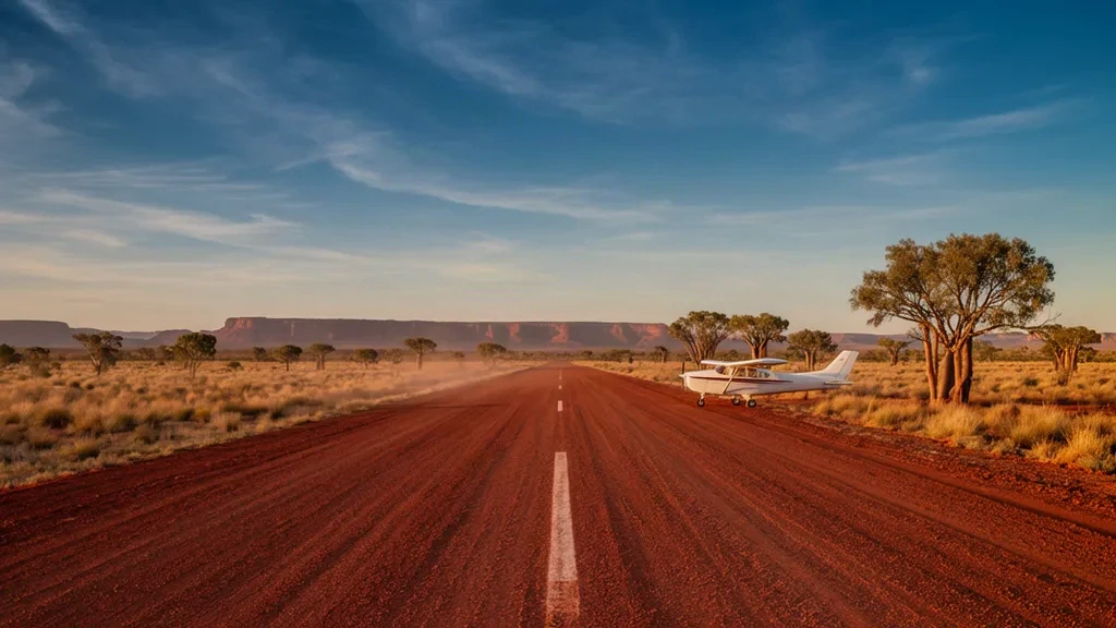 Abgelegene Outback-Landebahn am Flughafen Mandora in den Kimberleys in Western Australia mit einer Start- und Landebahn aus rotem Sand, einem Leichtflugzeug und Spinifex-Ebenen zur goldenen Stunde.