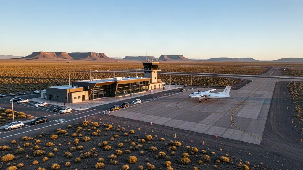 Piccolo edificio terminal e pista all'Aeroporto di Maquinchao nella steppa patagonica, Argentina, sotto la luce dell'ora d'oro.