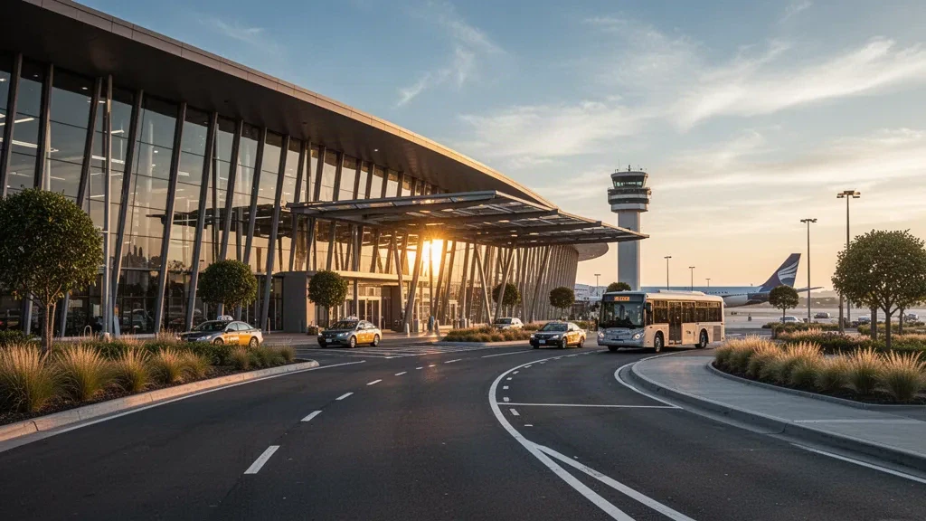 Modernes Glasgebäude des Terminals am Marqua Airport mit Bringspuren, Taxis und warmem Licht zur goldenen Stunde