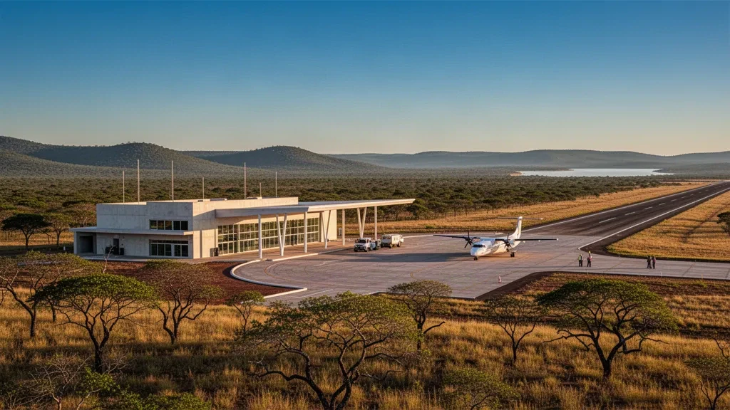 Terminal aeroportuale regionale di bassa altezza e piazzale in Cerrado brasiliano vicino a Minaçu, Goiás, illuminati dalla luce dell'ora d'oro