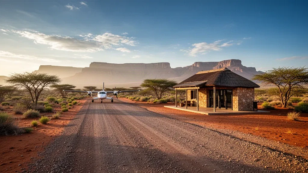 Pequeña pista de aterrizaje privada en el aeropuerto de Midgard, Namibia, con una terminal de estilo lodge, avionetas y luz dorada del atardecer