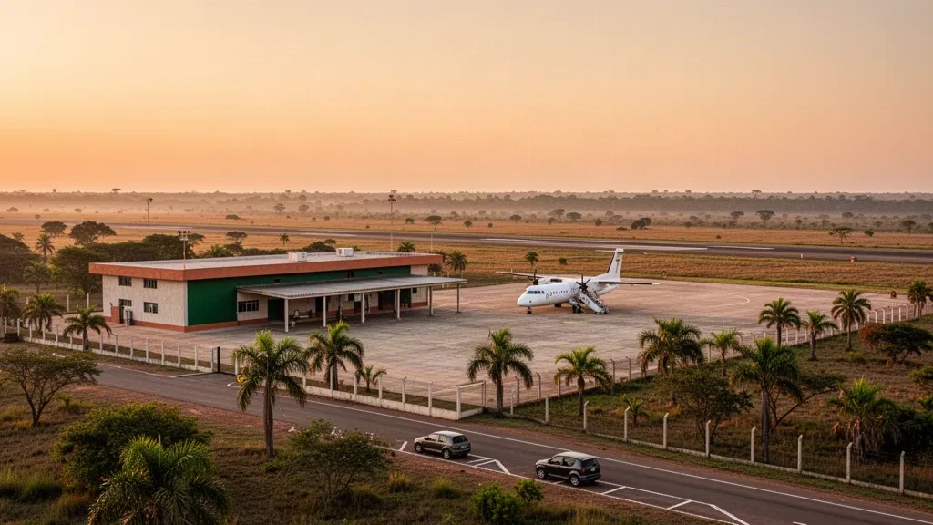 Vue à l'heure dorée du modeste terminal, de l'aire de trafic et d'un turbopropulseur stationné à l'aéroport de San Matías, dans les plaines tropicales de Bolivie