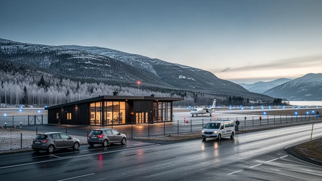 Kuzey Norveç'teki Mo i Rana Havalimanı, Røssvoll'da modern terminal, inip binme şeridi ve karla kaplı dağların alacakaranlık görünümü.