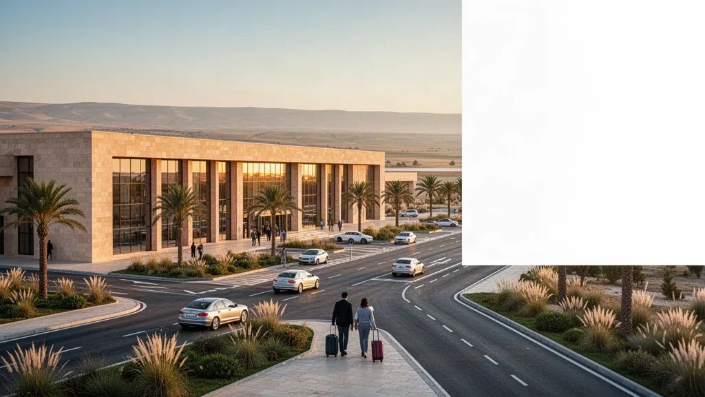 Exterior moderno de la terminal del Aeropuerto de Mardin con vías de acceso y carriles de descenso a la hora dorada, espacio libre para superposiciones del hero del sitio web.