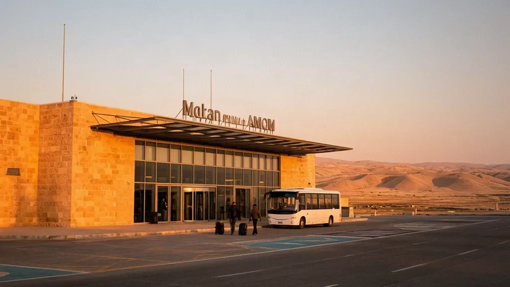 Extérieur du terminal de l'aéroport de Mardin MQM avec façade en pierre couleur miel à l'heure dorée dans le sud-est de la Turquie