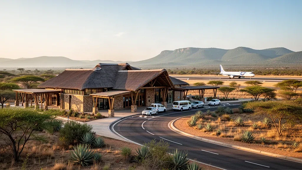 Terminal au toit de chaume et zone de dépose à l'aéroport international Kruger Mpumalanga, dans le bushveld du Lowveld près de Mbombela, à l'heure dorée