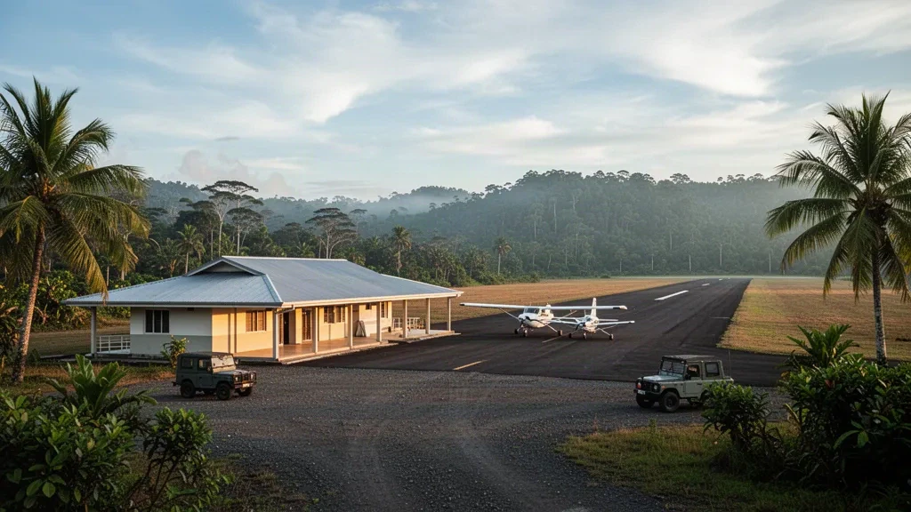 Piste d'atterrissage isolée de l'aéroport de Malam en Papouasie-Nouvelle-Guinée avec un petit terminal, des avions légers stationnés et des collines de forêt tropicale à l'heure dorée