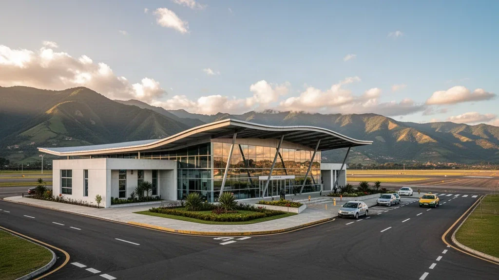 Terminal aeroportuaria moderna de cristal y carril de descenso en el altiplano andino a la hora dorada, con coches y crestas montañosas al fondo