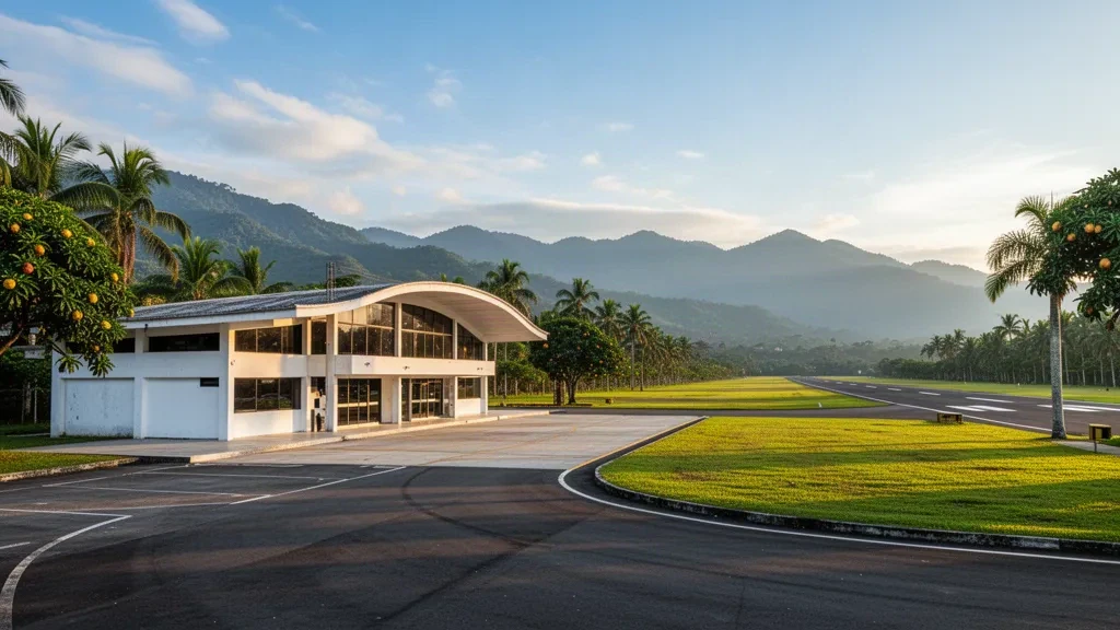 Terminal de poca altura de vidrio y concreto en el Aeropuerto de Mariquita, en Tolima, Colombia, rodeada por árboles tropicales y estribaciones andinas durante la hora dorada.