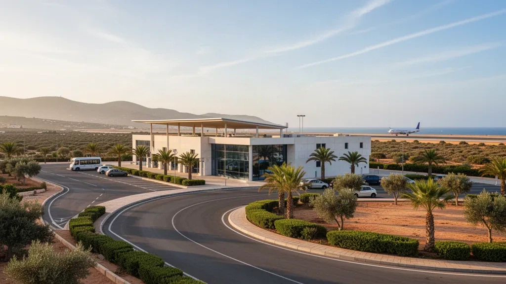 Low modern terminal and curving access road at Mostaganem Airport in Algeria under warm Mediterranean coastal daylight