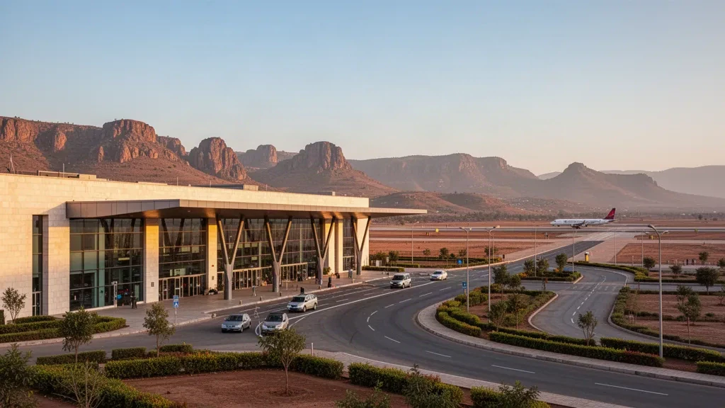 Modern terminal and drop-off lane at Alula Aba Nega Airport in Mekelle, Ethiopia, under golden highland light