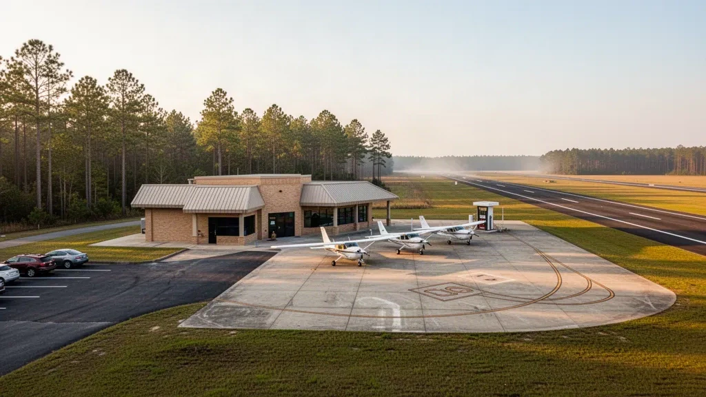 Piazzale di aviazione generale, aerei leggeri in sosta e piccolo edificio terminal presso l'aeroporto Telfair-Wheeler a McRae, Georgia