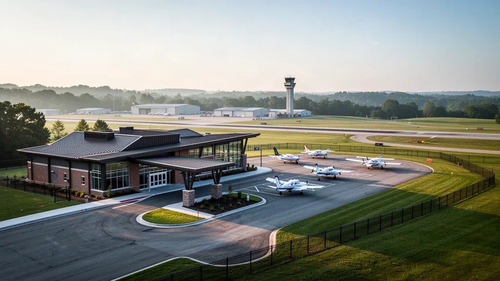 Modernes Terminal und abgestellte Leichtflugzeuge am Smyrna Airport in Tennessee im warmen Licht des späten Nachmittags
