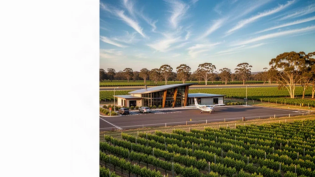 Moderno terminal in vetro all'Aeroporto di Margaret River in Australia Occidentale, con un piccolo aereo sulla pista e vigneti sullo sfondo al tramonto.