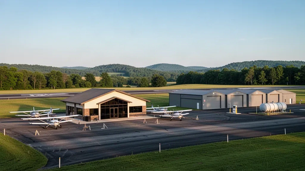 Piccolo terminal per l'aviazione generale, aeromobili ad elica parcheggiati e piazzale della pista all'Aeroporto di Maury County a Columbia, Tennessee, illuminati dalla calda luce del tardo pomeriggio
