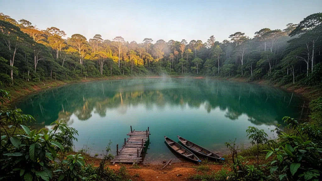 Lac de cratère volcanique émeraude Yeak Laom entouré d'une jungle dense près de Banlung, Ratanakiri, Cambodge, dans une douce lumière matinale