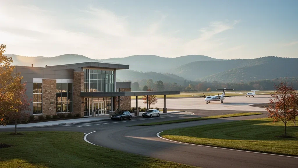 Terminal moderne et dépose-minute devant l'aéroport régional de l'Est de la Virginie-Occidentale à Martinsburg, en Virginie-Occidentale, entouré des contreforts des Appalaches à l'heure dorée.