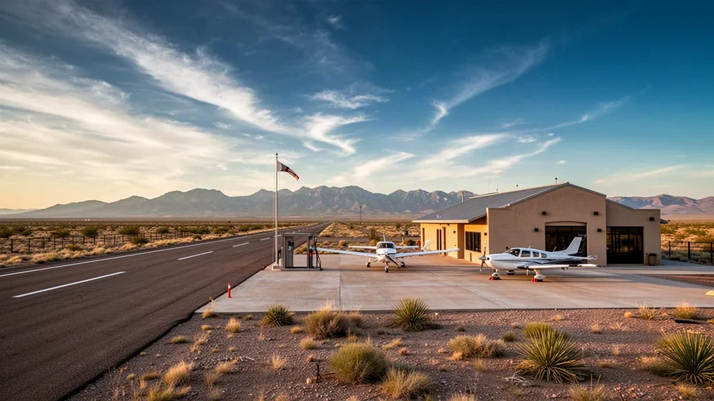 Terminal und Vorfeld mit Flugzeugen in der niedrigen Wüste am Marfa Municipal Airport in Westtexas unter einem weiten Himmel zur goldenen Stunde