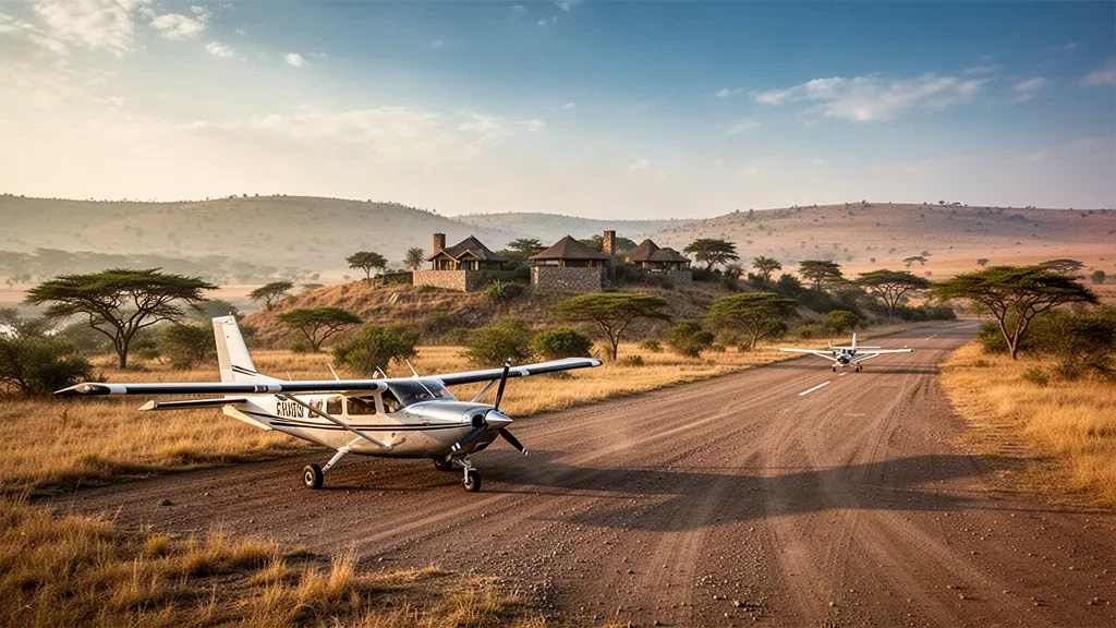 Pista de aterrizaje en la sabana junto a Mara Serena Safari Lodge en el Masai Mara de Kenia, con avionetas safari en una pista de tierra a la hora dorada