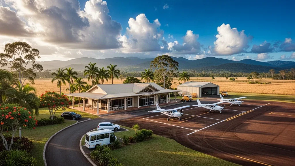 Tropical regional airfield terminal, apron and light aircraft at Mareeba in Far North Queensland at golden hour