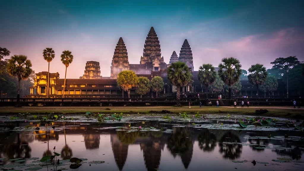 Türme des Angkor-Wat-Tempels, die sich bei Sonnenaufgang im Lilienteich nahe Siem Reap, Kambodscha, spiegeln