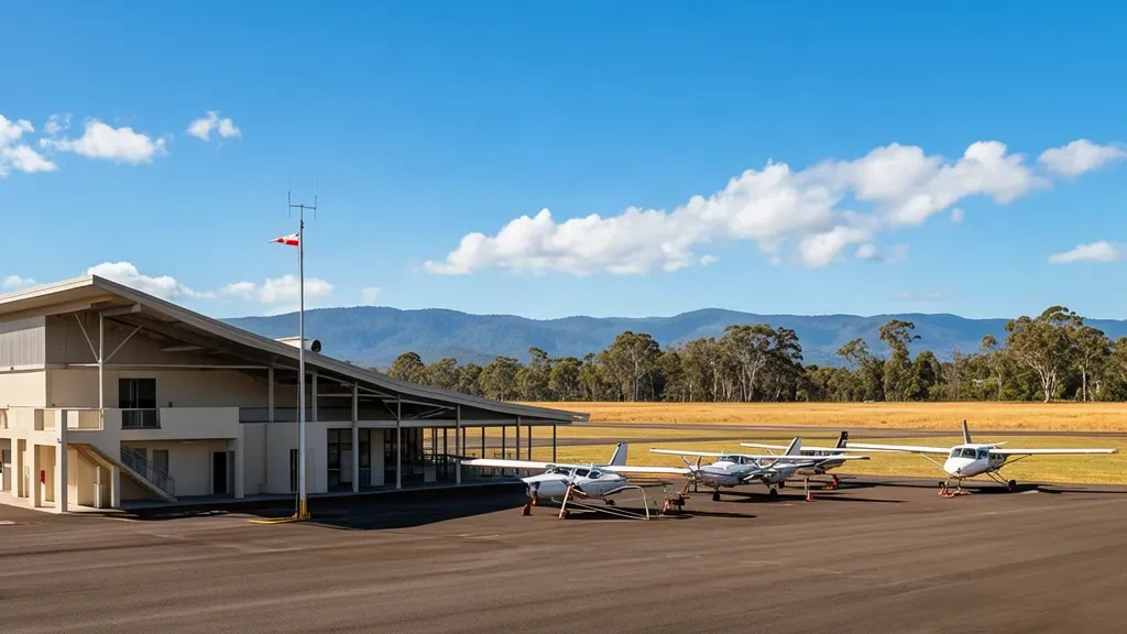 Avustralya'nın Far North Queensland bölgesindeki Mareeba Havalimanı'nda tek katlı terminal binası ve hafif uçakların bulunduğu güneşli apron