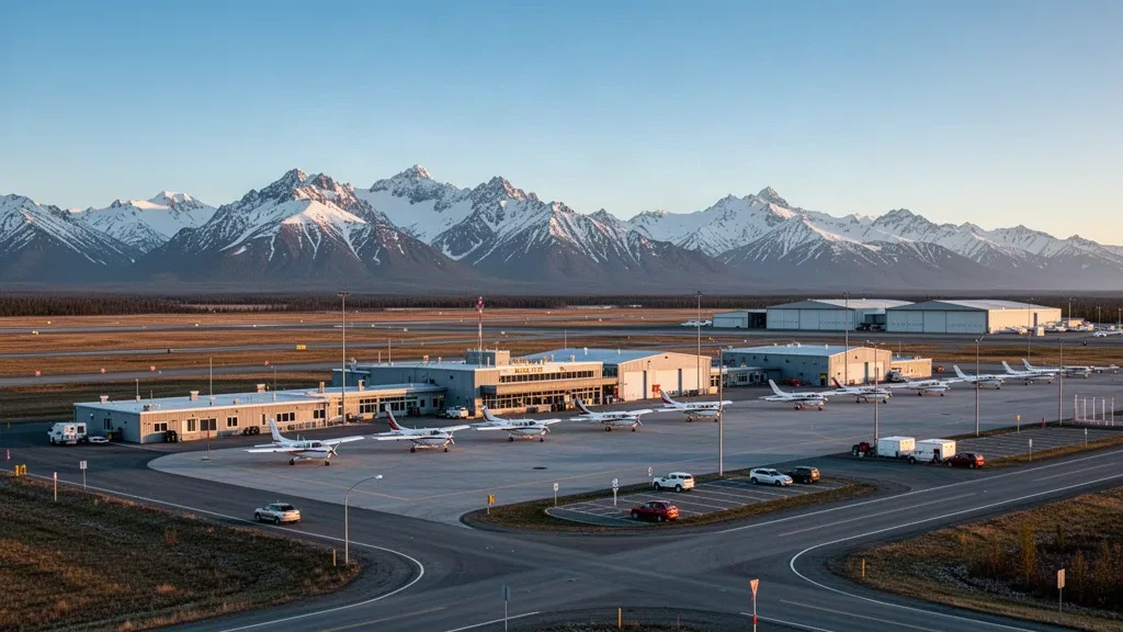 Aeropuerto Merrill Field en Anchorage, Alaska, con pequeñas aeronaves de aviación general, hangares y carreteras de acceso bajo las montañas Chugach a la hora dorada