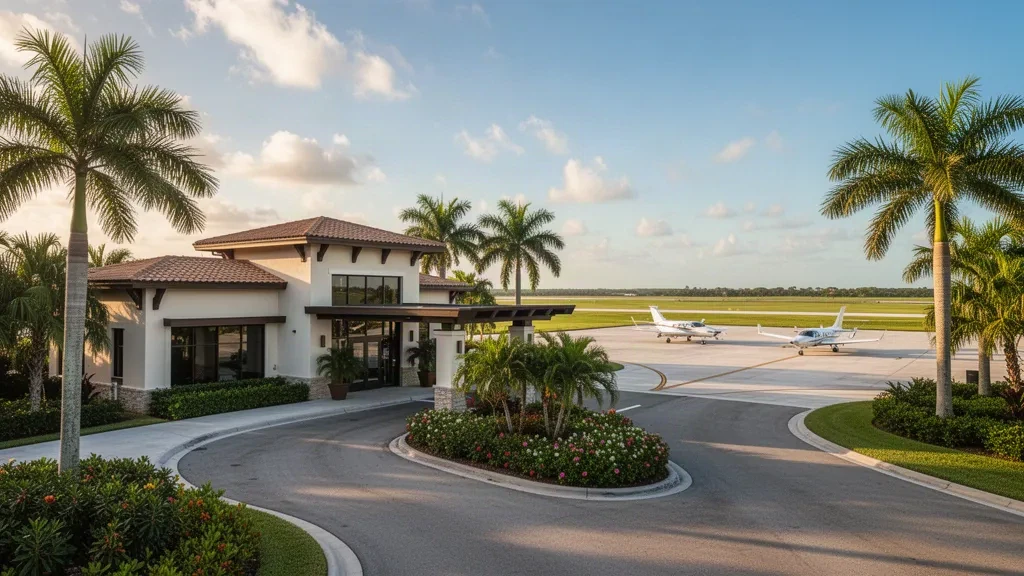 Florida'daki Marco Island Executive Havalimanı'nda altın saat ışığına bürünmüş alçak katlı yönetici terminali, palmiye ağaçları ve özel jetler
