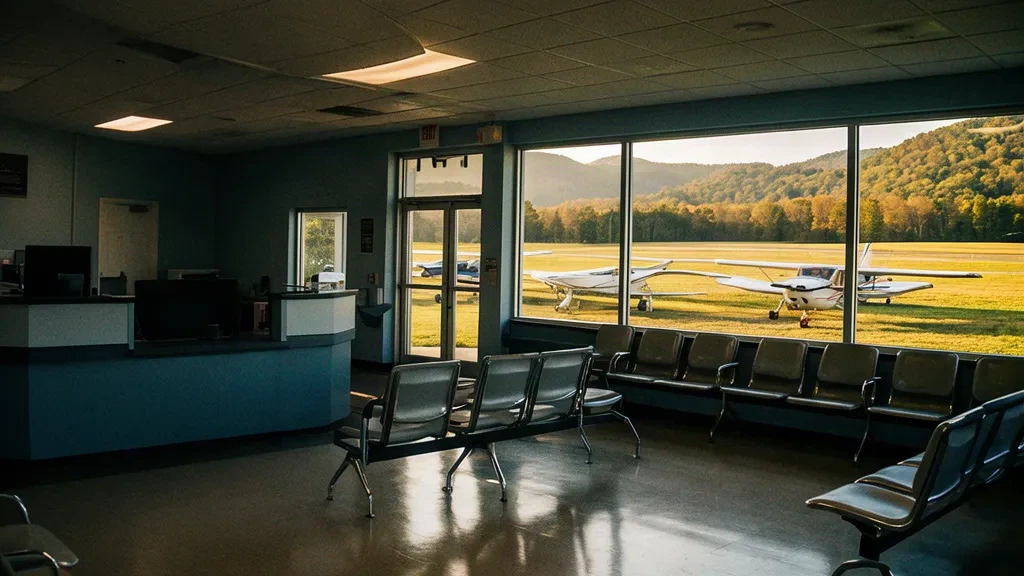 Foothills Regional Airport MRN terminal interior with a quiet lobby, check-in counter and light aircraft on the apron outside