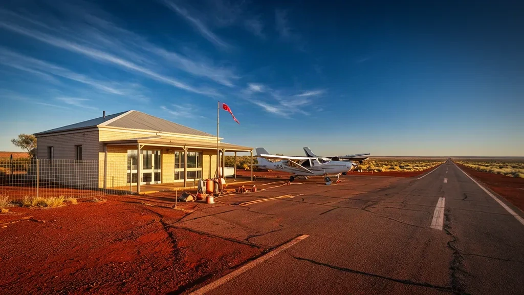 Petit terminal de l'outback et avions légers stationnés sur le tarmac de terre rouge à l'aéroport de Marla MRP en Australie-Méridionale