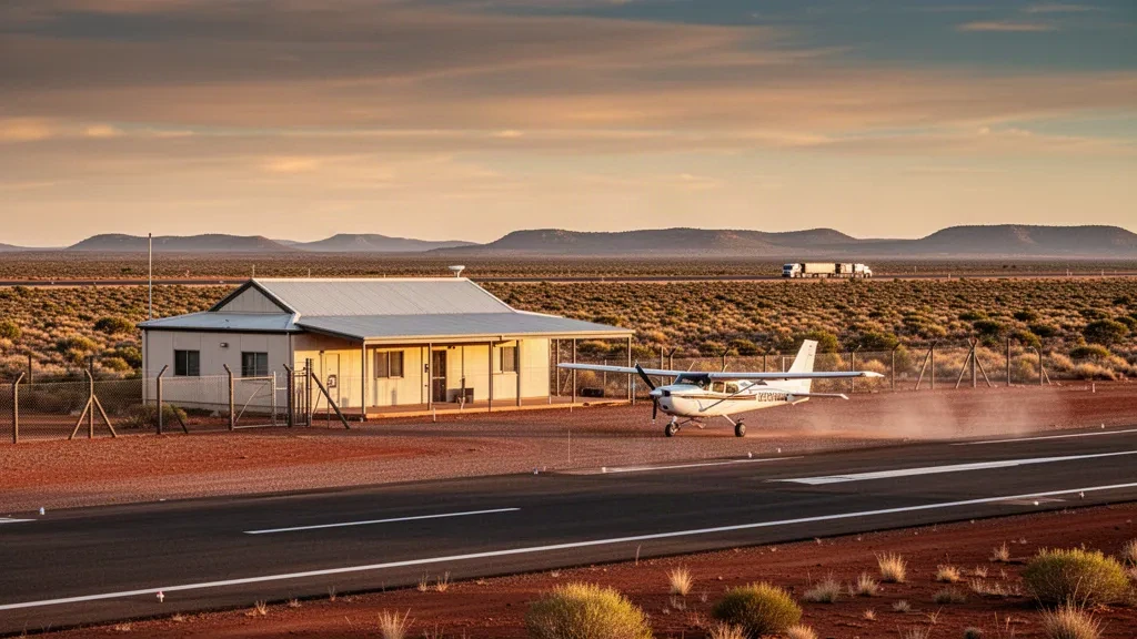 Pista di atterraggio remota nell'outback e piccolo edificio terminal presso l'aeroporto di Marla nel South Australia sotto un caldo cielo desertico