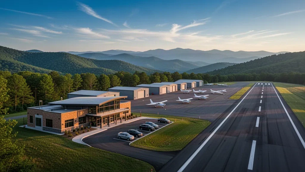 Morganton, Kuzey Karolina yakınlarındaki Foothills Regional Havaalanı, terminali, hangarları, park halindeki hafif uçakları ve altın saatlerde Blue Ridge etekleriyle birlikte