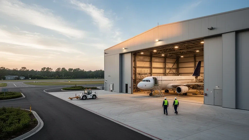 Hangar MRO de aeronaves moderno en Hood Airport con un avión de pasajeros en inspección en la plataforma durante la hora dorada