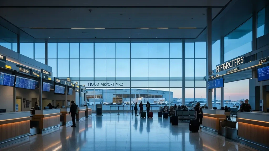 Intérieur lumineux du terminal de Hood Airport MRO avec zone d'enregistrement, sièges, voyageurs et un hangar de maintenance visible à travers de grandes fenêtres.