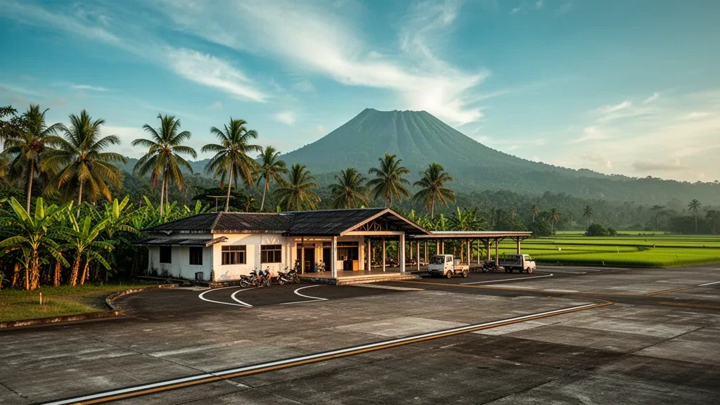 Tropical island terminal and palm-lined apron at Marinduque Airport in Gasan, Philippines, under warm golden-hour light.