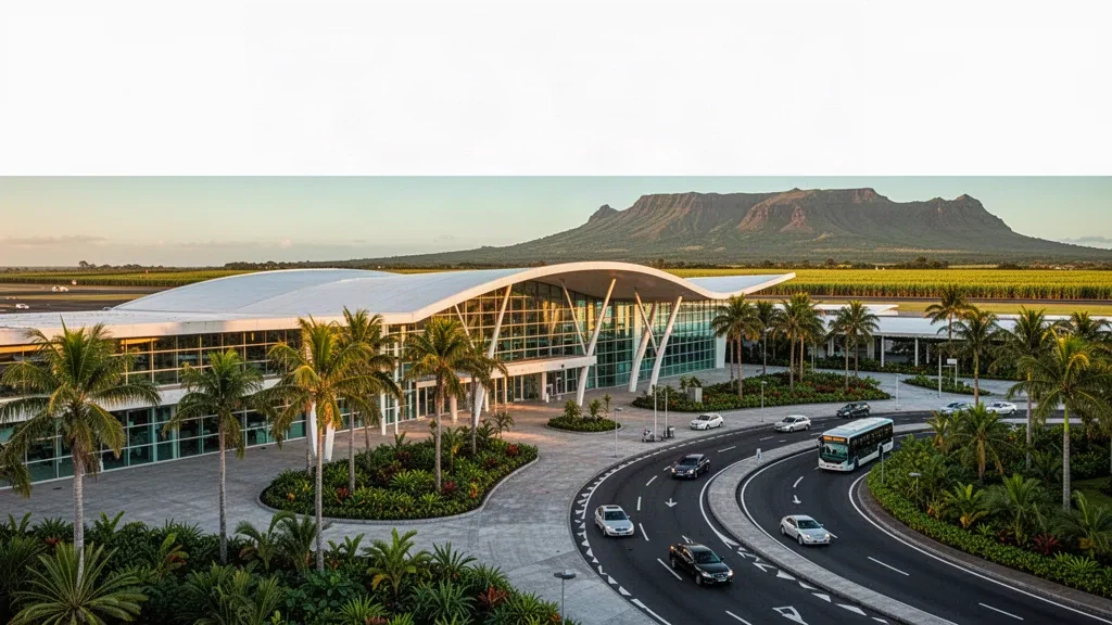 Extérieur vitré du terminal et parvis dépose bordé de palmiers à l'aéroport international Sir Seewoosagur Ramgoolam à Maurice à l'heure dorée