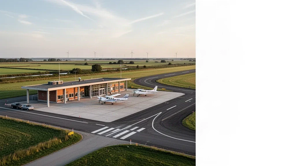 Small terminal building and parked light aircraft on the apron at Lolland Falster Maribo Airport surrounded by flat Danish farmland at golden hour.