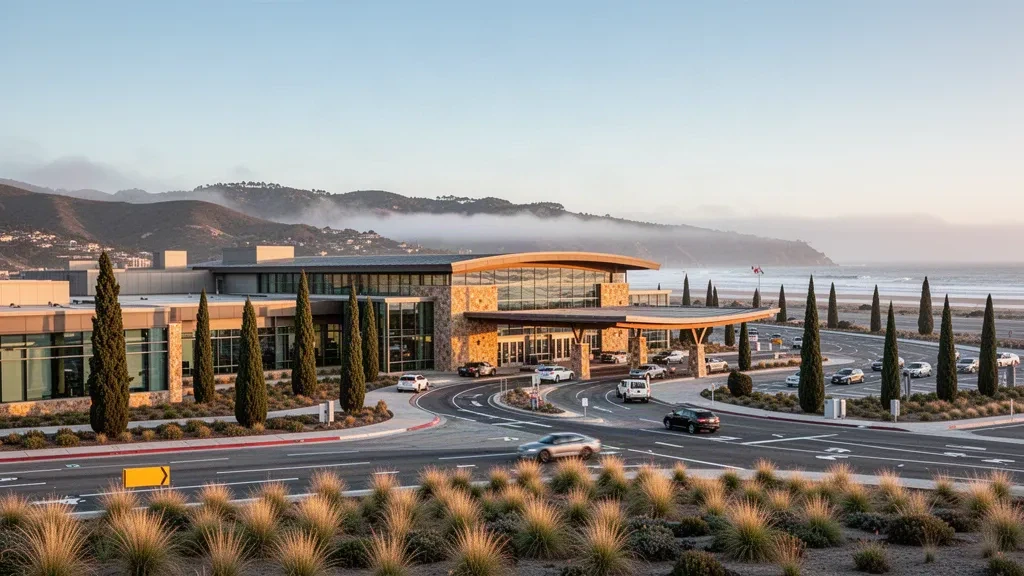 Extérieur moderne du terminal de l'aéroport régional de Monterey avec aménagement paysager côtier californien sous une lumière d'heure dorée