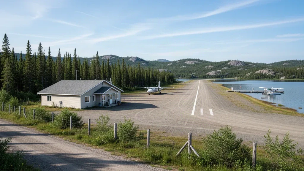 Kleines Terminal und Schotterpiste am abgelegenen Muskrat Dam Airport im Norden Ontarios, umgeben von borealem Wald und Seen