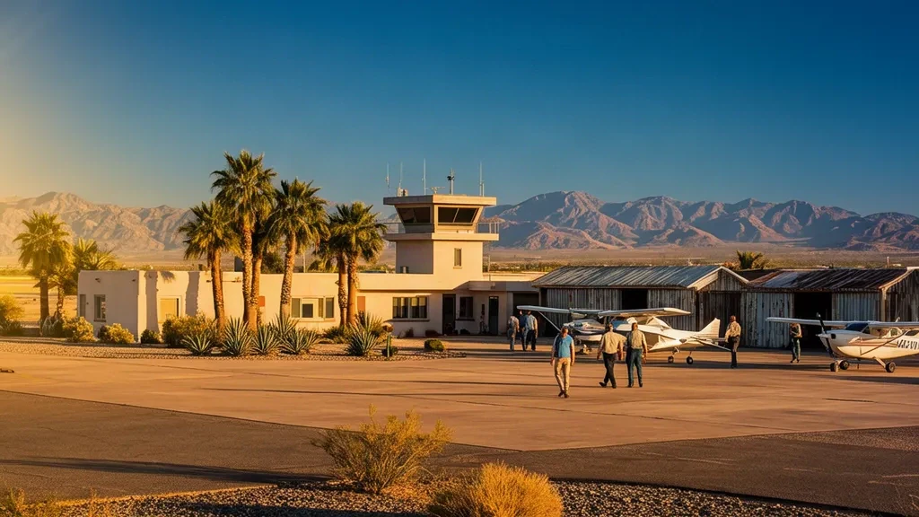 Terminal et tour de contrôle de l'aéroport de Falcon Field à Mesa, en Arizona, sous un ciel désertique dégagé avec des aéronefs sur l'aire de trafic