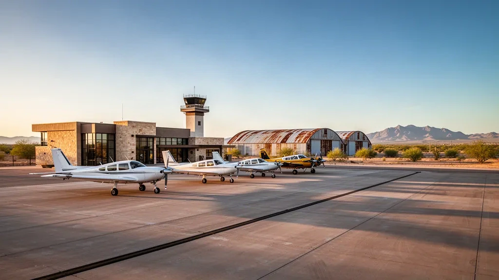Mesa, Arizona'daki Falcon Field Havalimanı, tarihi hangarlar, park halindeki hafif uçaklar ve apronda çölün altın saat ışığı