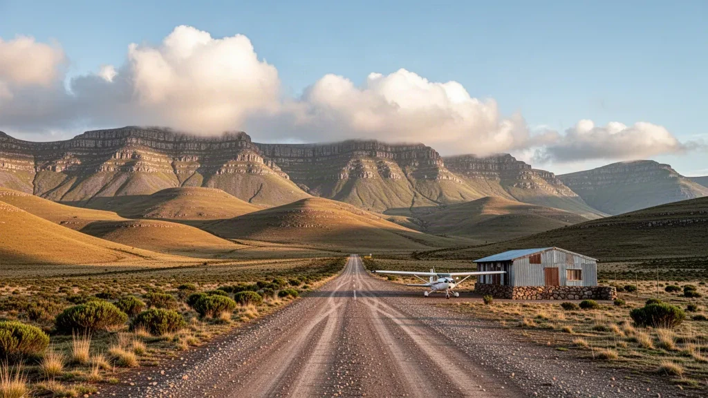 Pista di atterraggio remota in ghiaia sugli altopiani dell'aeroporto di Matsaile in Lesotho, con un piccolo aereo leggero e cime montuose nella luce del tardo pomeriggio