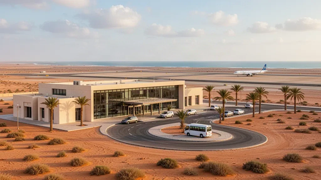 Außenansicht eines modernen Flughafenterminals mit Bringspur auf Masirah Island, Oman, im warmen Wüstenlicht der goldenen Stunde