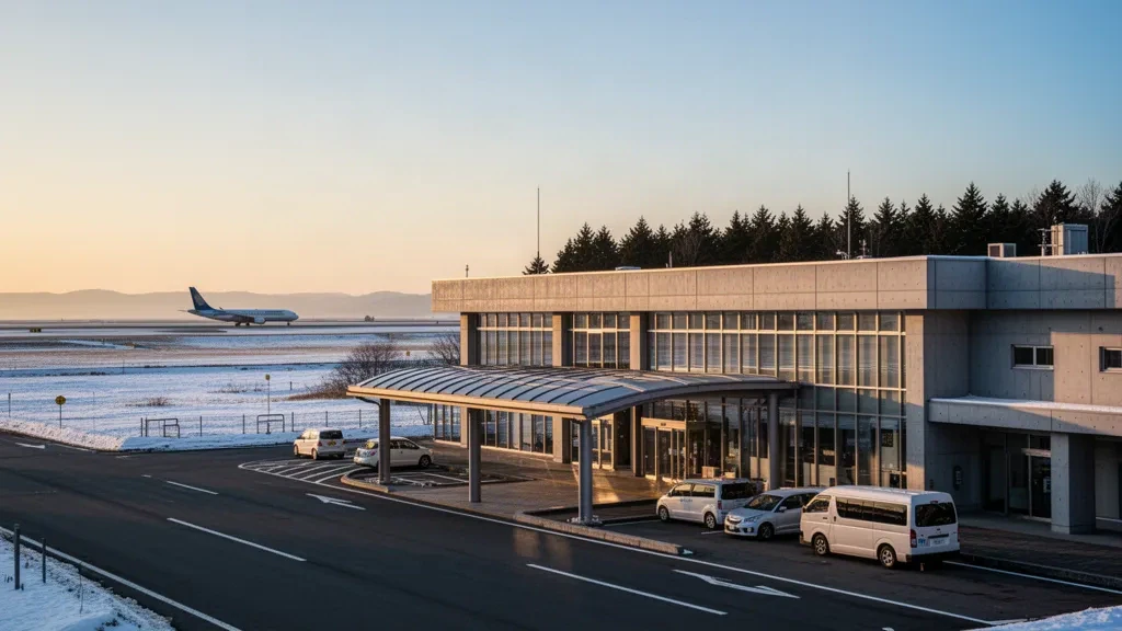 Low-rise modern terminal and drop-off lane at Misawa Airport in Aomori, Japan, with a snow-dusted landscape and an airliner on the runway at golden hour.