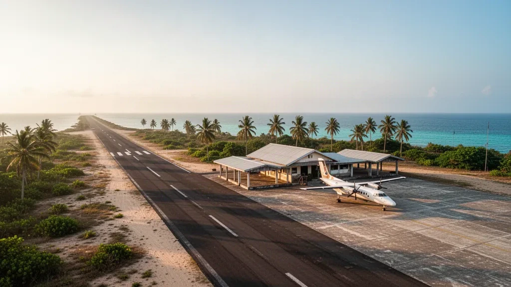Petite piste tropicale et terminal modeste à l'aéroport de Masalembo sur l'île de Masalembu, Java oriental, sous une chaude lumière dorée