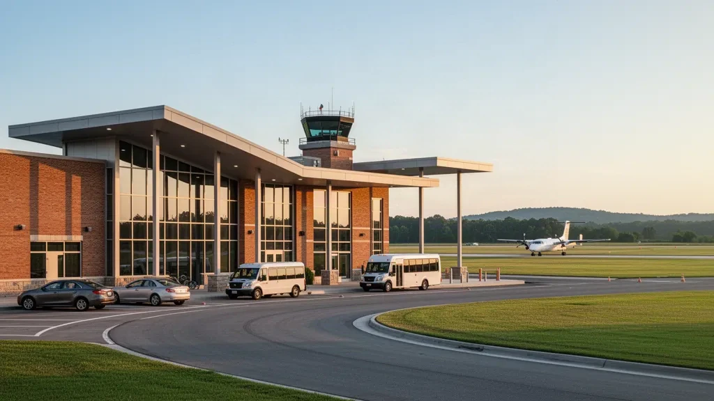 Extérieur du terminal en brique et verre avec voie de dépose courbe à l'aéroport Northwest Alabama Regional près de Muscle Shoals à l'heure dorée