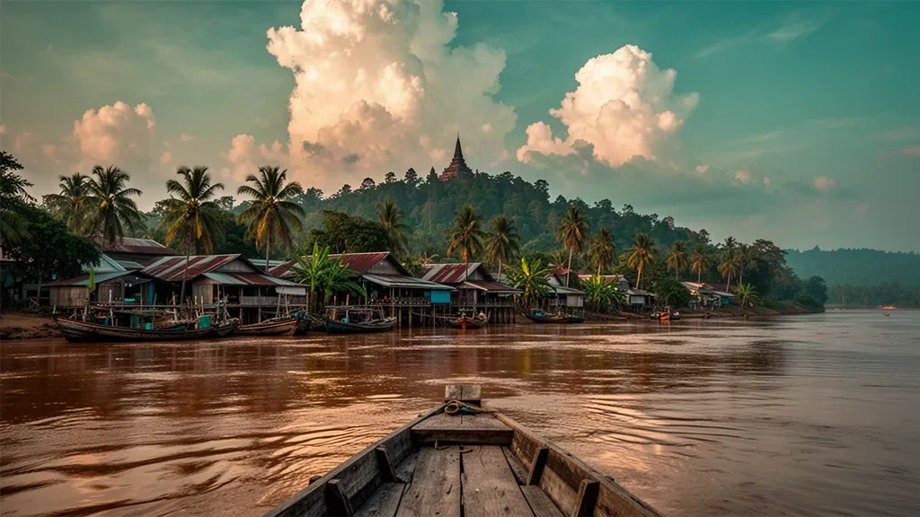 Blick zur goldenen Stunde auf Stung Treng, Kambodscha, mit hölzernen Fischerbooten am palmengesäumten Sekong und einem Tempelhügel hinter der Stadt