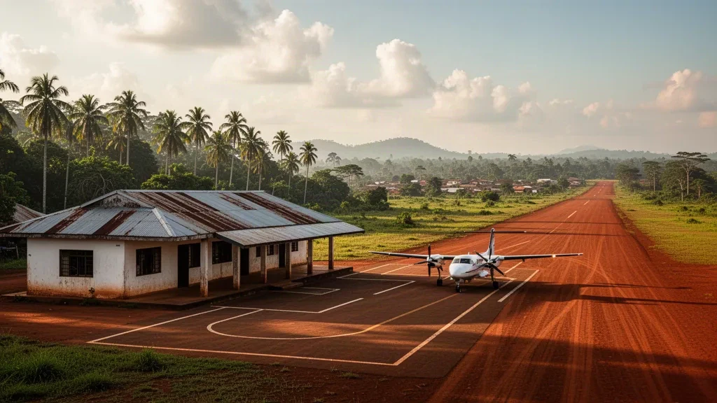 Pequeña pista regional en el aeropuerto de Masi-Manimba, en Kwilu, RDC, con una pista de laterita y una terminal modesta bajo la luz dorada del atardecer