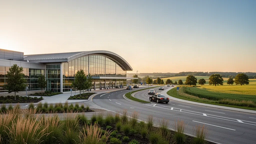 Modern glass terminal facade and curved access road at Dane County Regional Airport in Madison, Wisconsin at golden hour